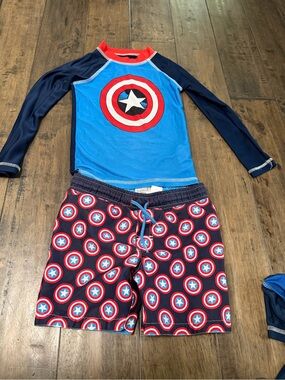 Marvel Boys Swim Trunks with Captain America Shield Print - Blue, Red, White